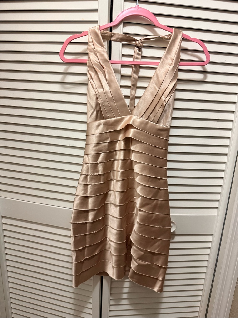 BCBGMaxAzria Satin Pleated Mini Dress in Champagne